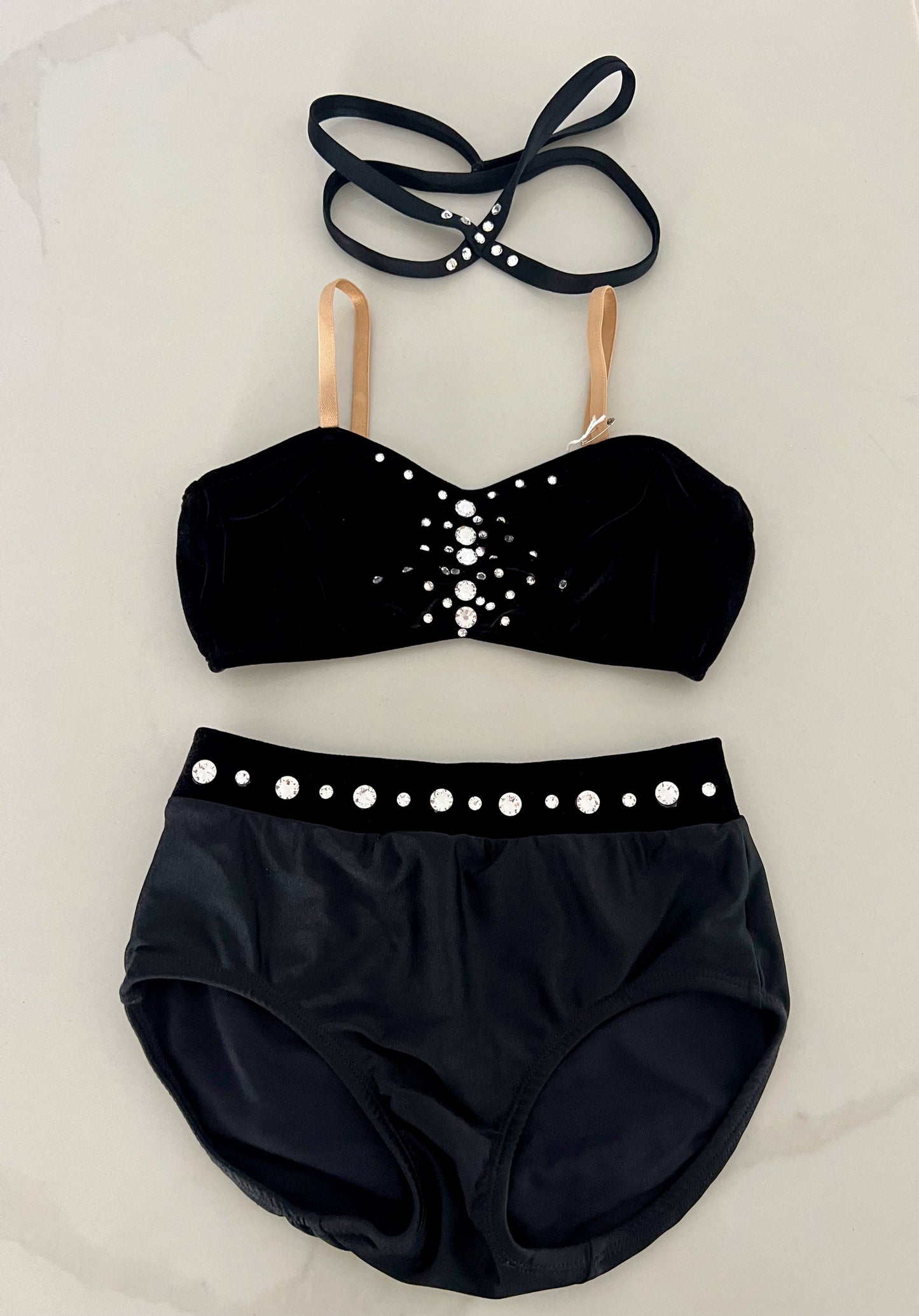 2 piece black velvet bra with stone and black trunk with velvet trimming / Adult XS