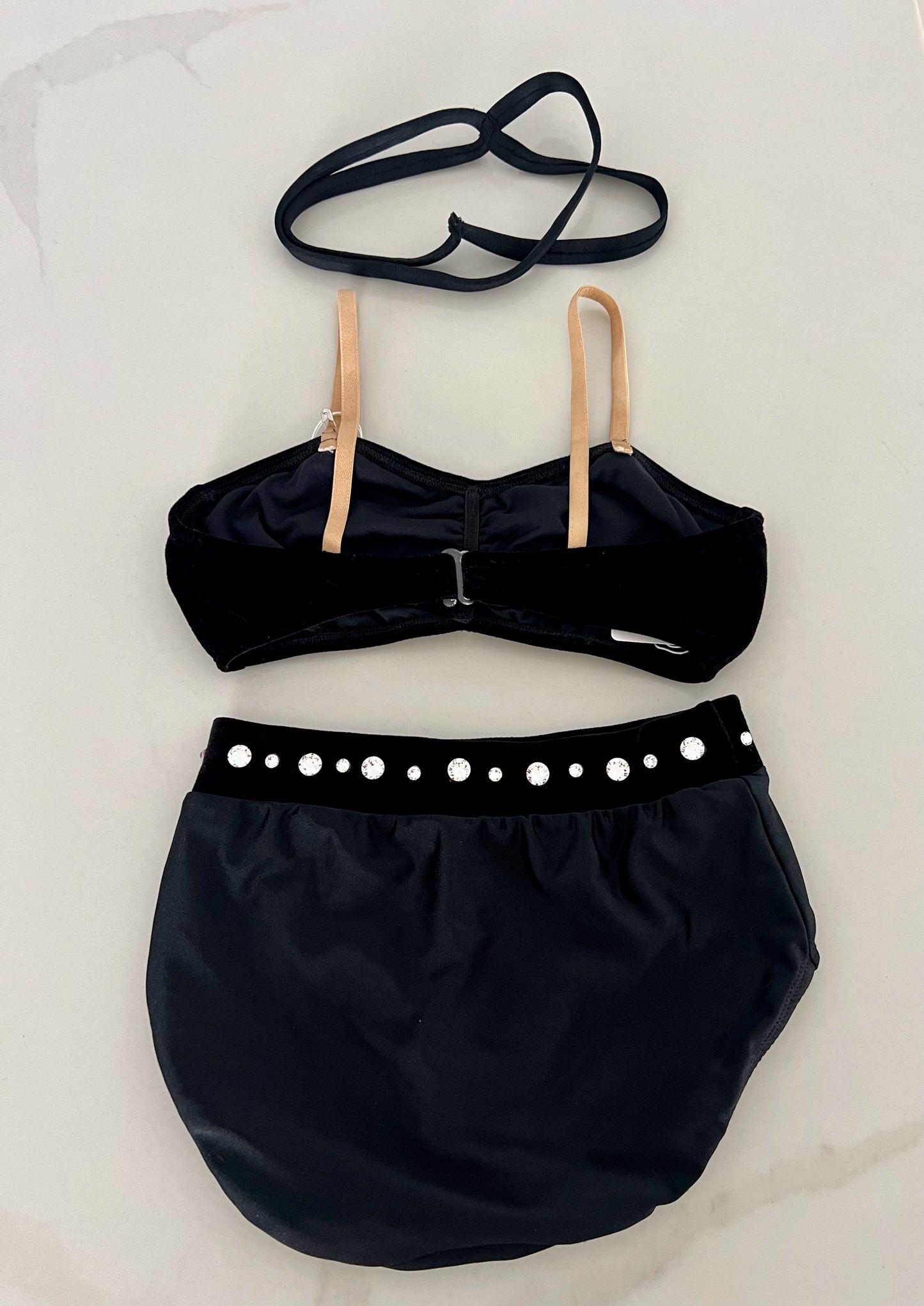 2 piece black velvet bra with stone and black trunk with velvet trimming / Adult XS