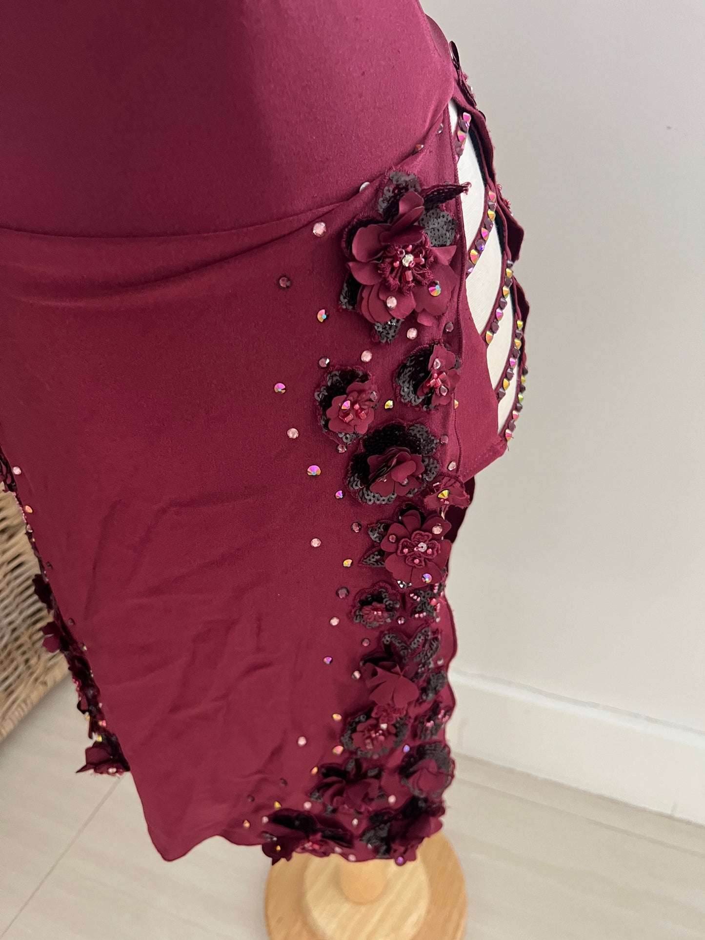 Maroon burgundy dress with applique and stones / LA Design