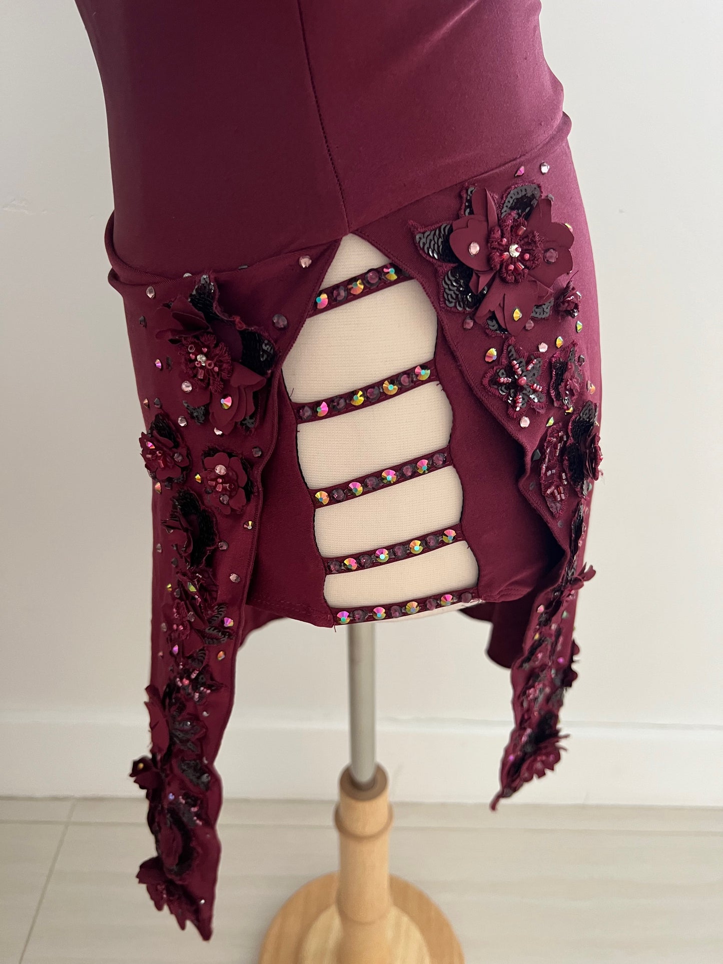 Maroon burgundy dress with applique and stones / LA Design