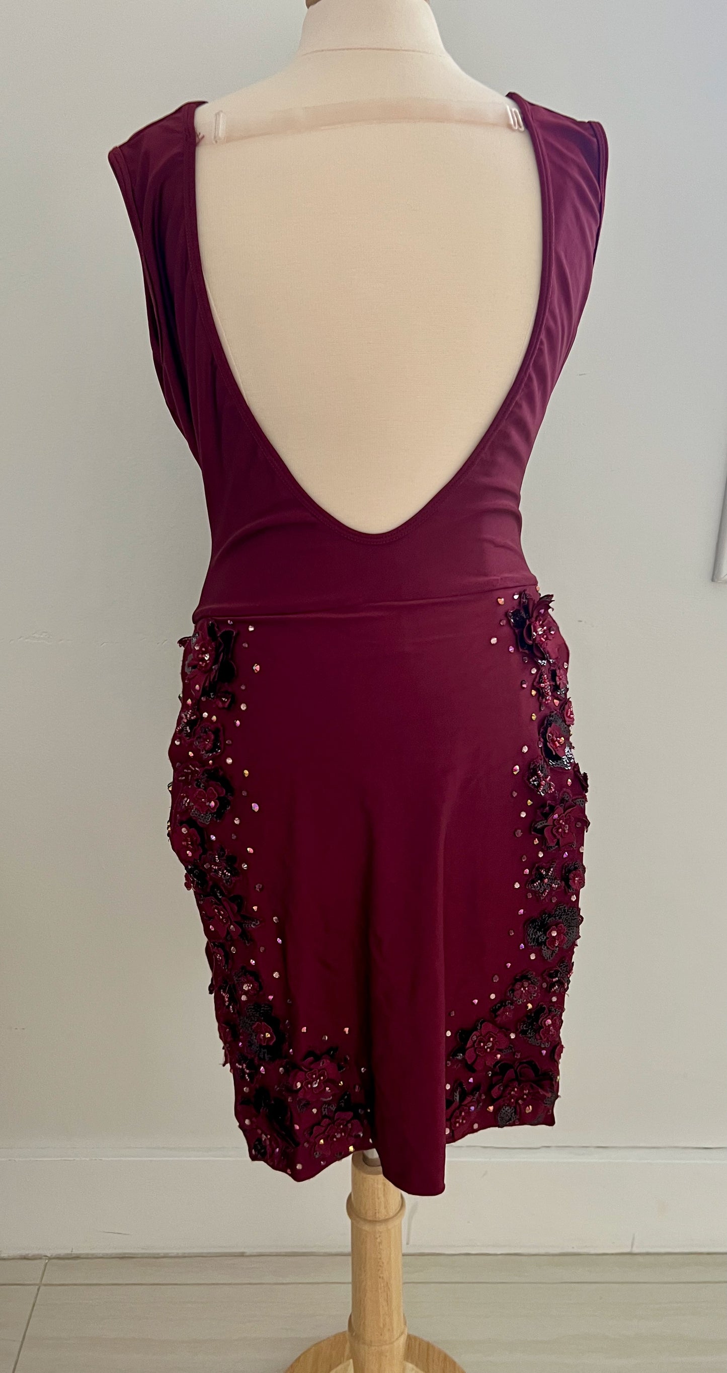 Maroon burgundy dress with applique and stones / LA Design