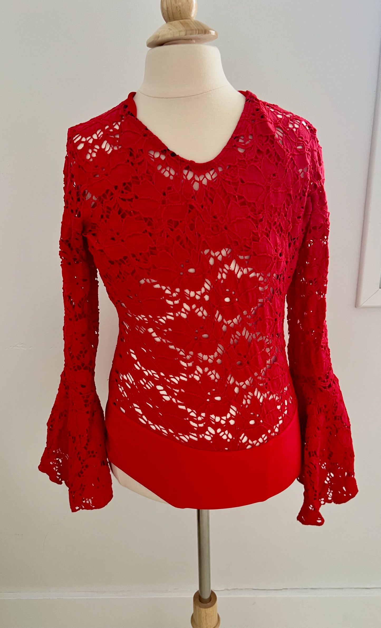 Red lace longsleeve leotard with flare arms / Adult Medium