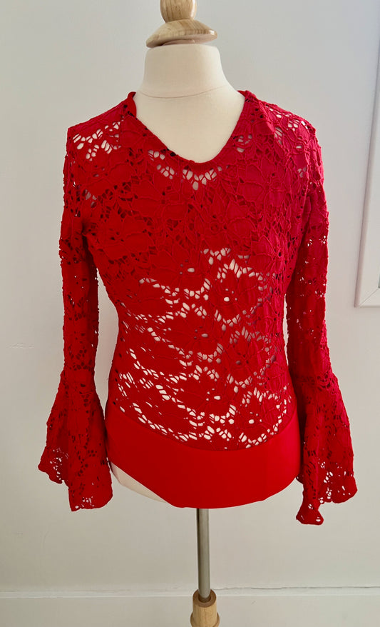 Red lace longsleeve leotard with flare arms / Adult Medium