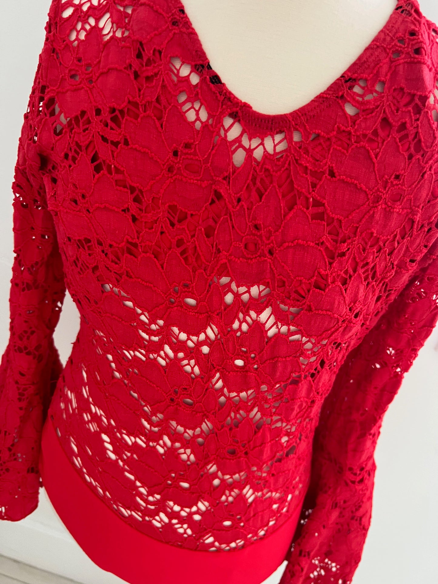 Red lace longsleeve leotard with flare arms / Adult Medium