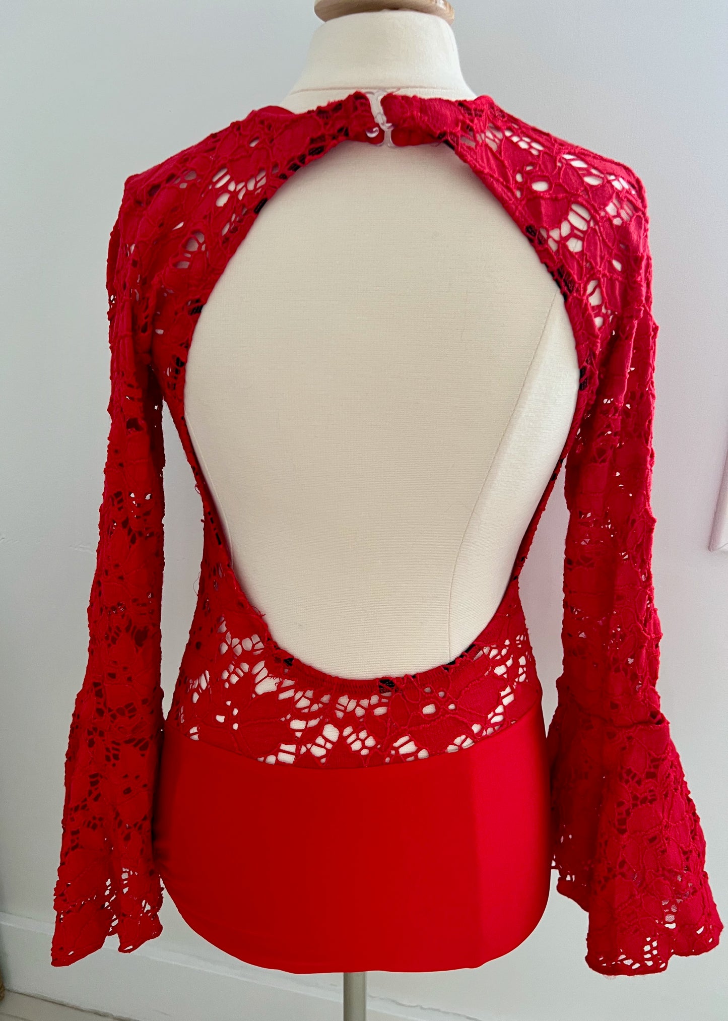 Red lace longsleeve leotard with flare arms / Adult Medium