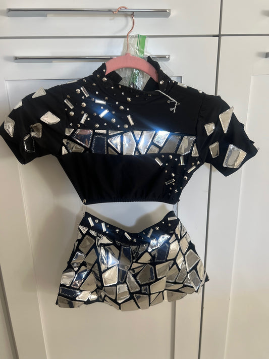 2 Piece Black Metallic Mirror Skirt and Top / Child XL