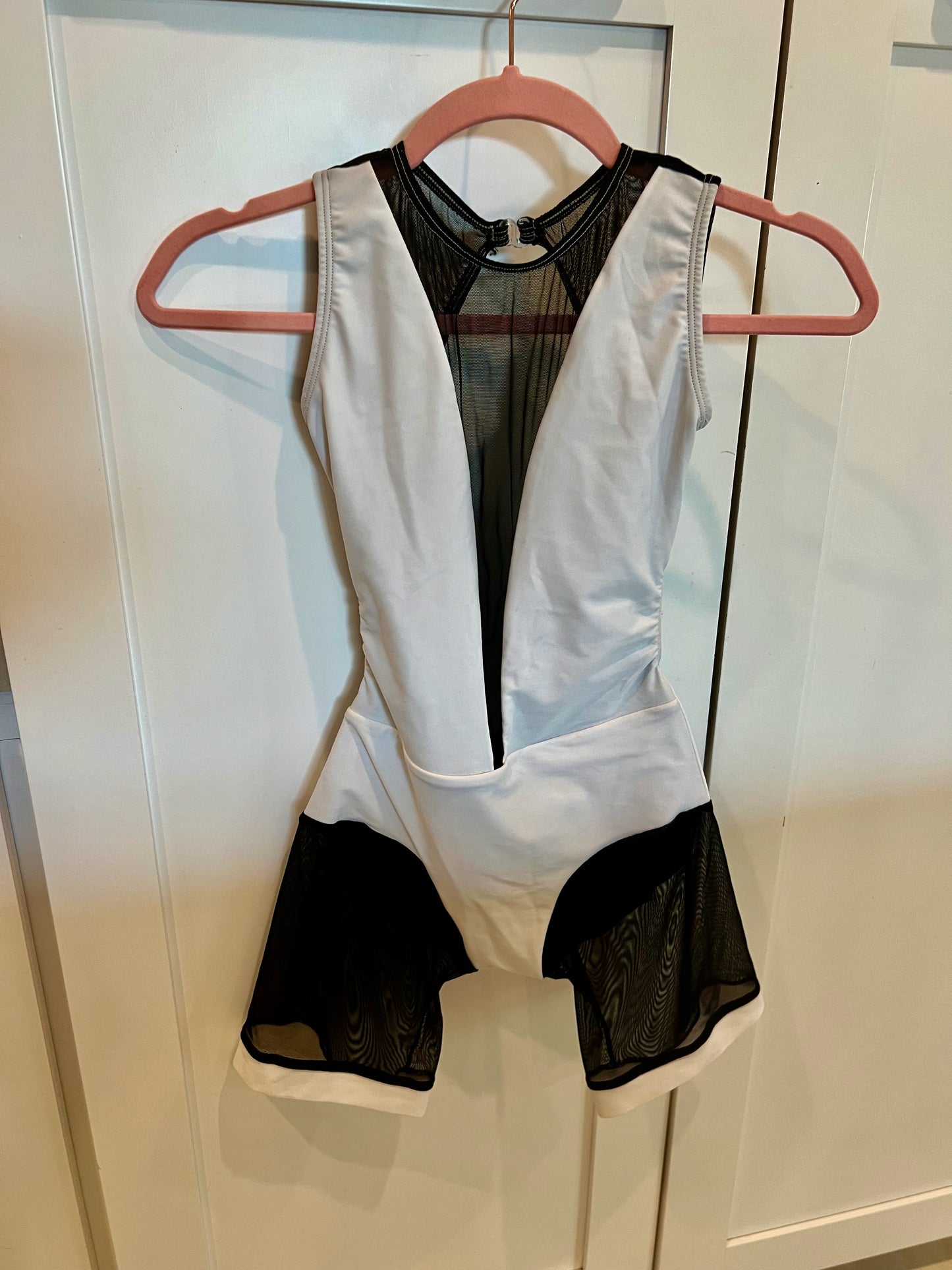 White Unishorts (shorts unitard )with black mesh / Adult XS