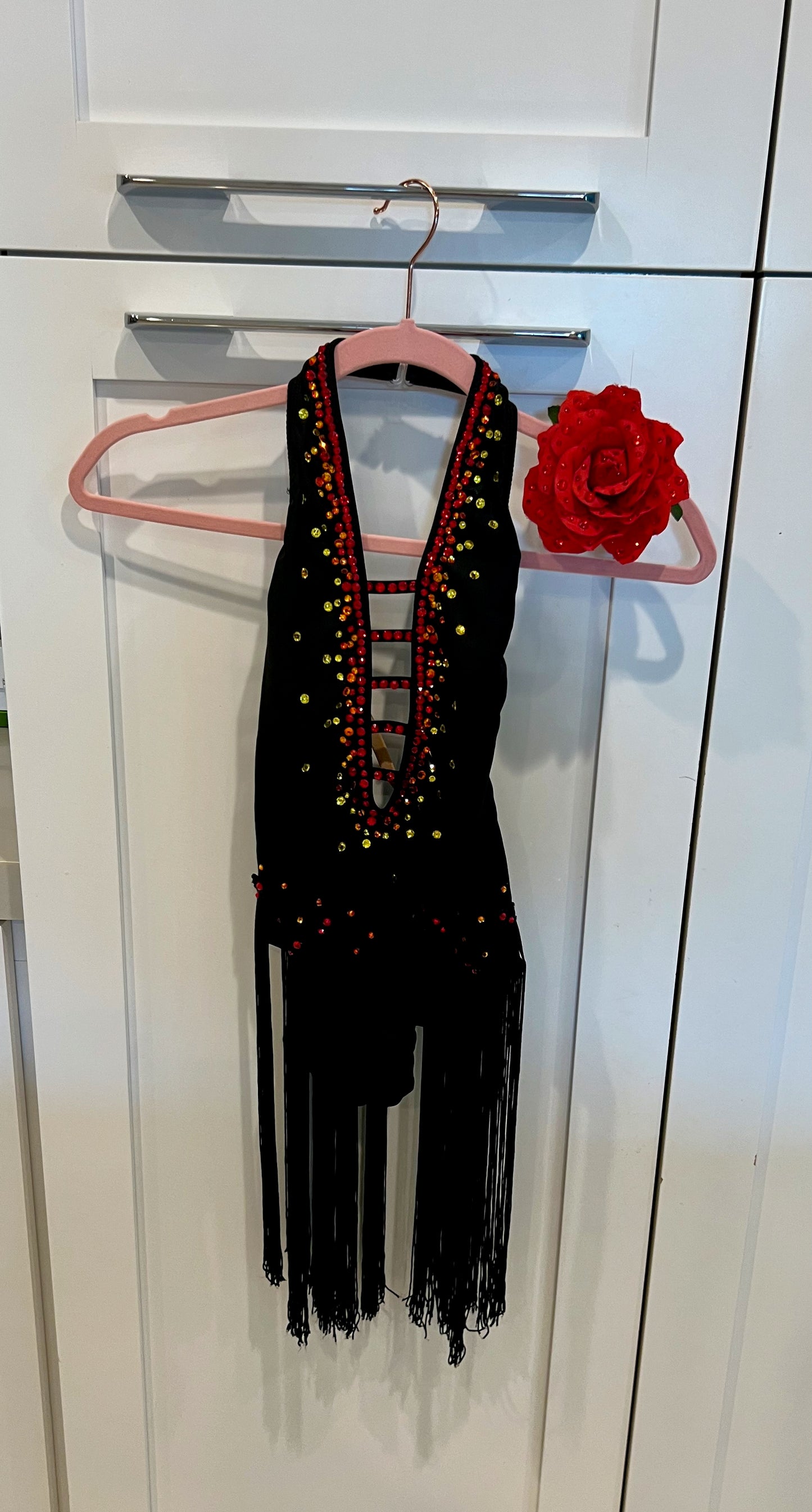 Black Leotard with Fringe & Red, Yellow, Orange Stones - Child XL/Adult XS