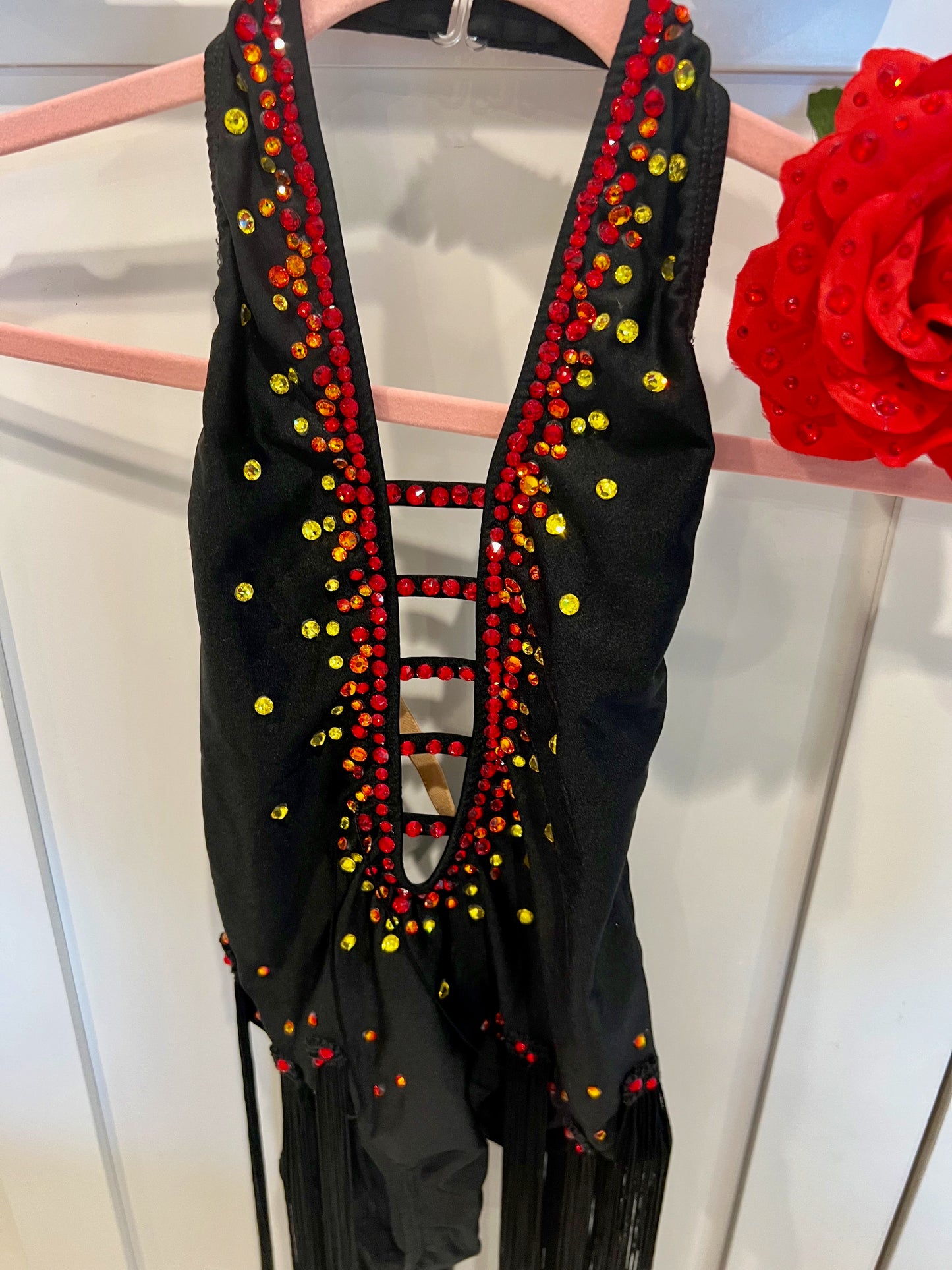 Black Leotard with Fringe & Red, Yellow, Orange Stones - Child XL/Adult XS