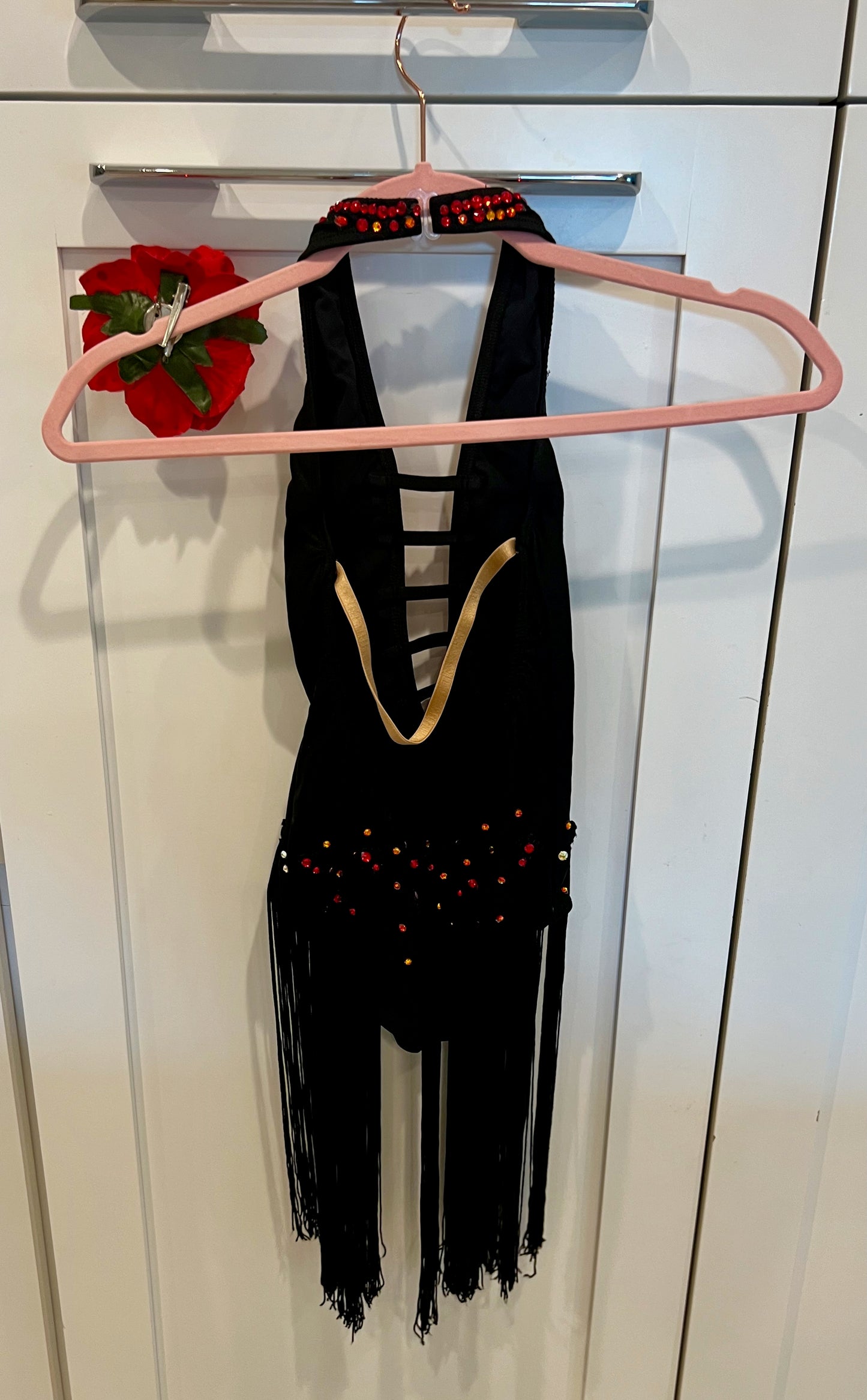 Black Leotard with Fringe & Red, Yellow, Orange Stones - Child XL/Adult XS