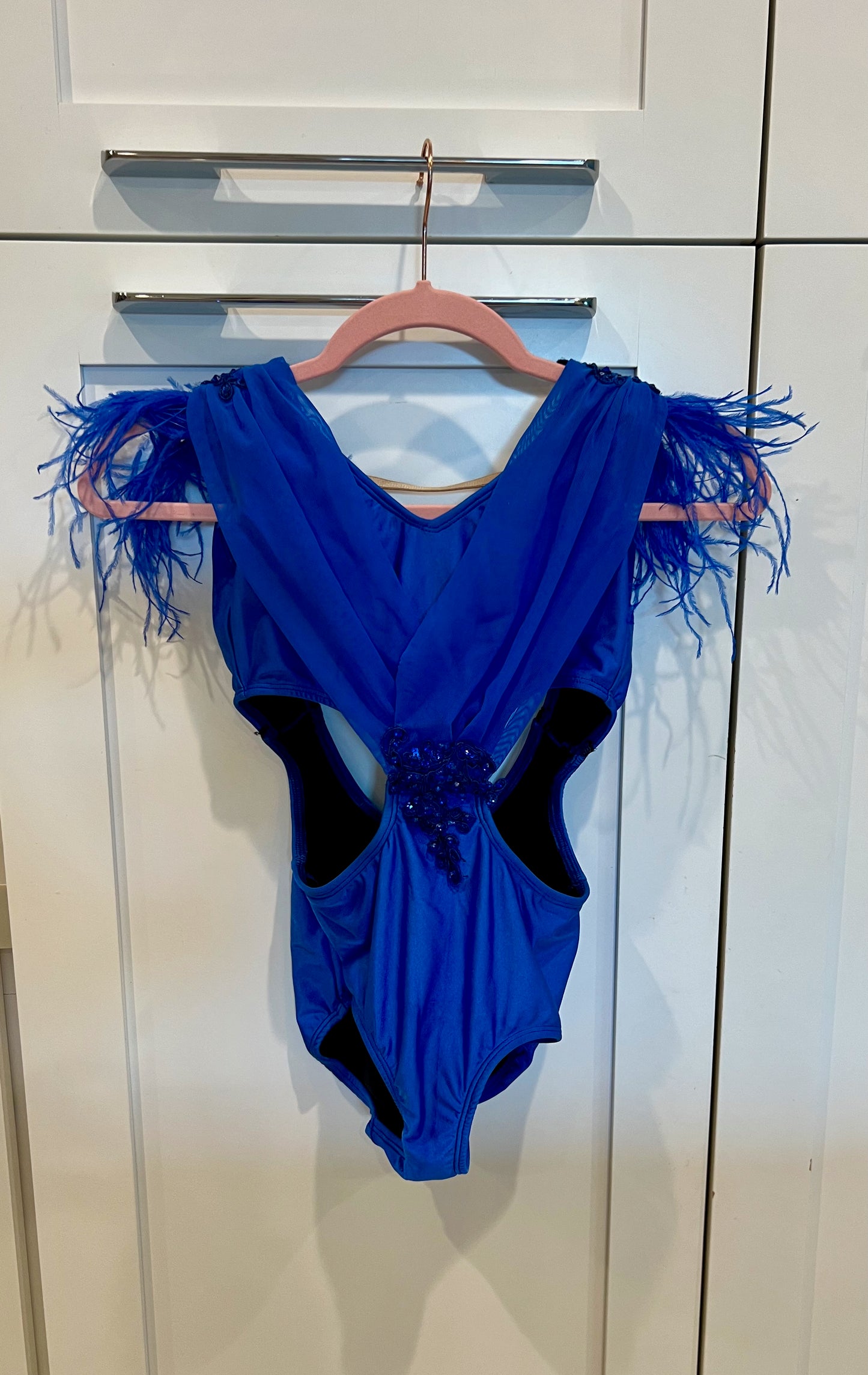 Royal Blue Leotard with Appliques and Feathers / Child XL