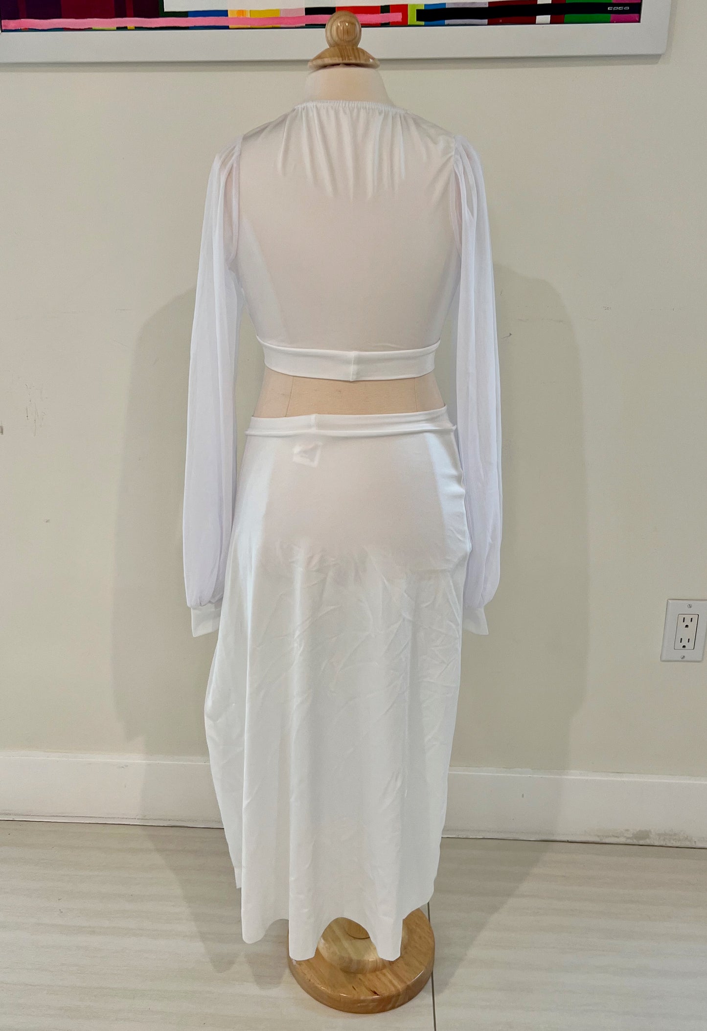 White 2 piece - Long sleeve top with mesh sleeves & skirt with long skirt by Kelle