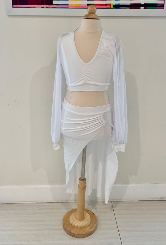 White 2 piece - Long sleeve top with mesh sleeves & skirt with long skirt by Kelle