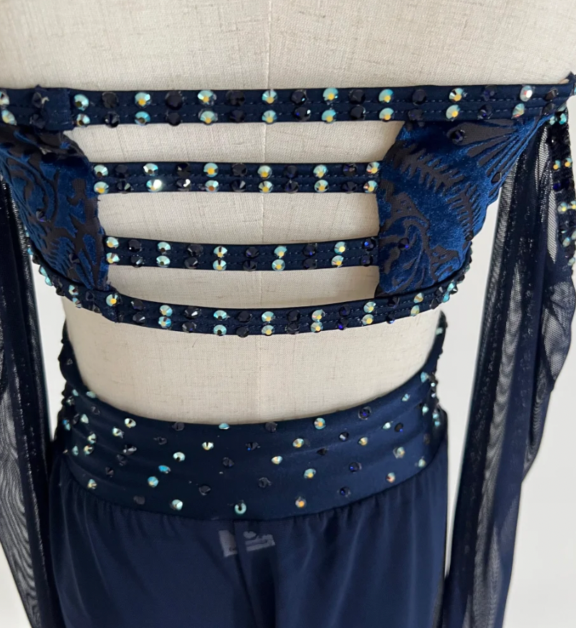 Child Large - Navy blue with velvet 2 piece costume w/ mesh pants