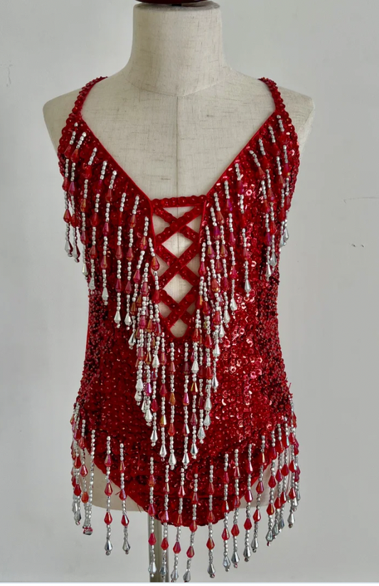 Child Medium - Red and Silver Jazz Beaded Leotard