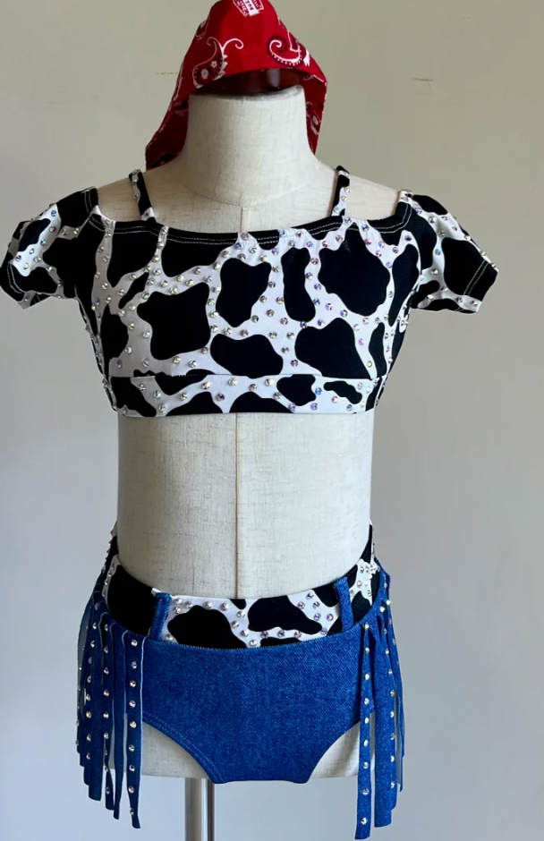 Child Medium - Denim & Cow Print 2 piece w/ bandana