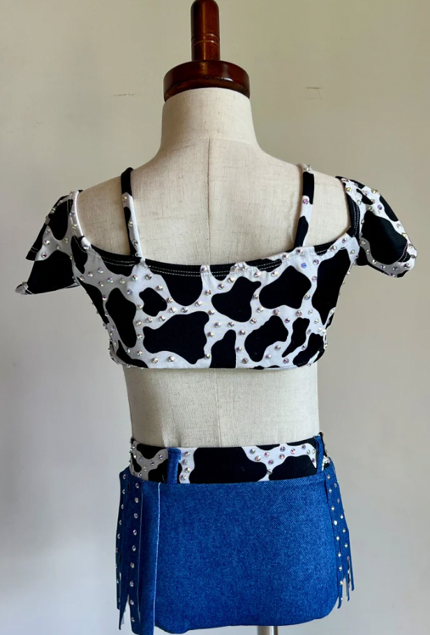 Child Medium - Denim & Cow Print 2 piece w/ bandana