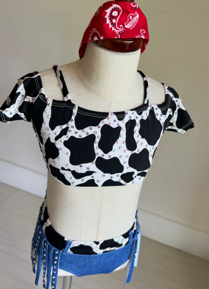 Child Medium - Denim & Cow Print 2 piece w/ bandana