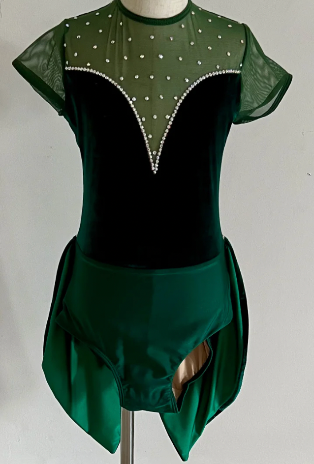 Adult Small - Green Velvet Leo w/ Tail Skirt & Stones & Mesh Arm Sleeves