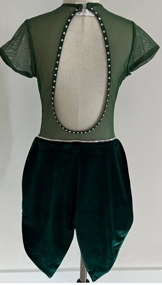 Adult Small - Green Velvet Leo w/ Tail Skirt & Stones & Mesh Arm Sleeves