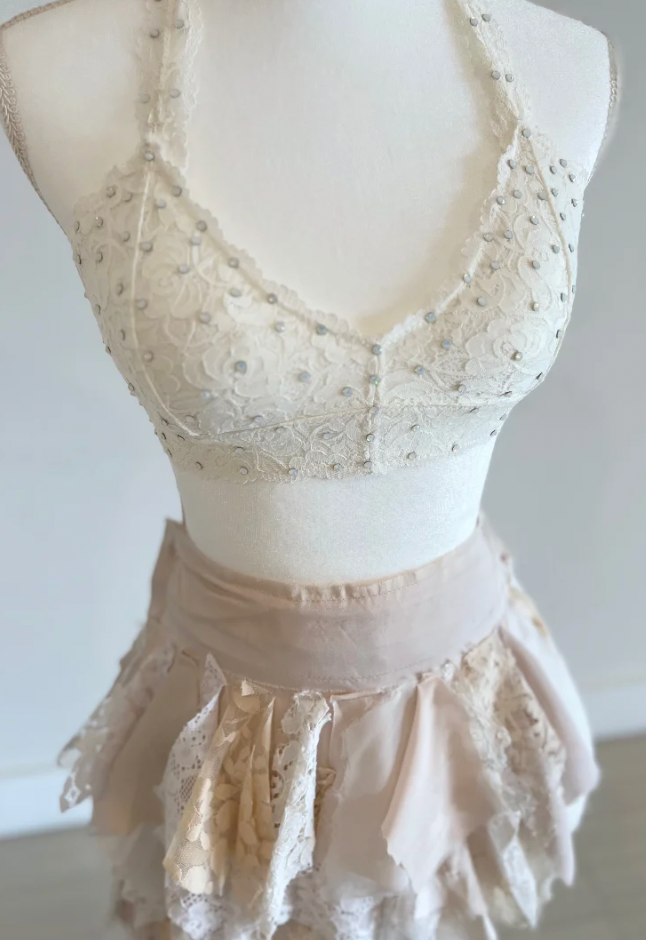 Adult Small - Cream Lace Skirt and Rhinestoned Top