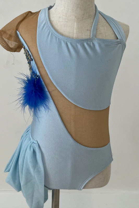 Child Medium - Light Blue Leotard with Side Skirt and Blue/Gold applique & feathers