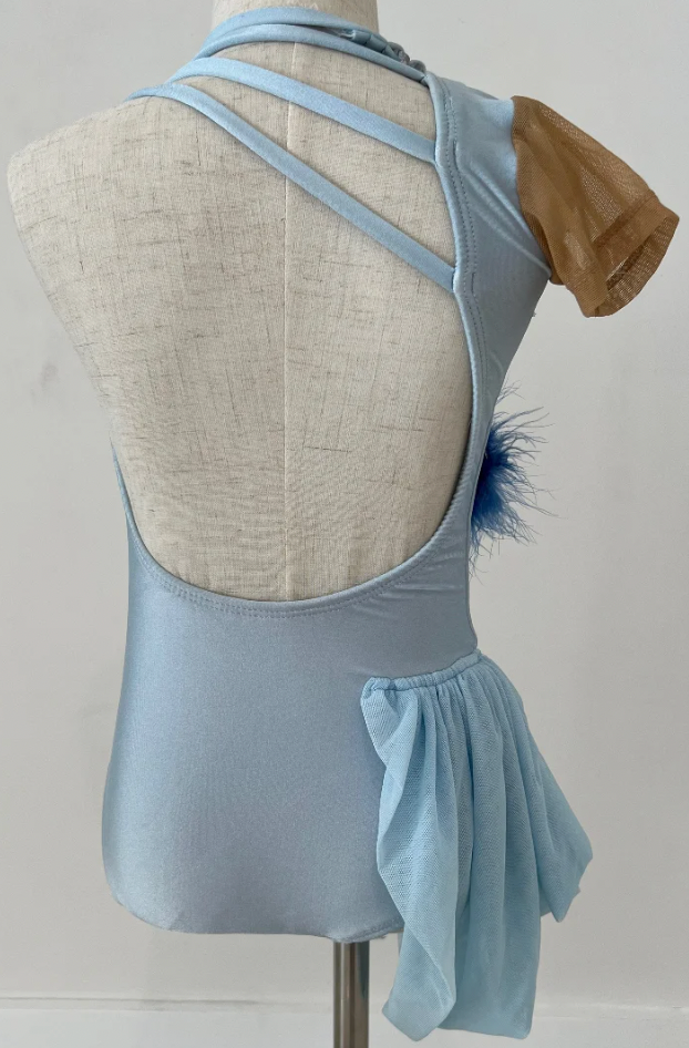 Child Medium - Light Blue Leotard with Side Skirt and Blue/Gold applique & feathers