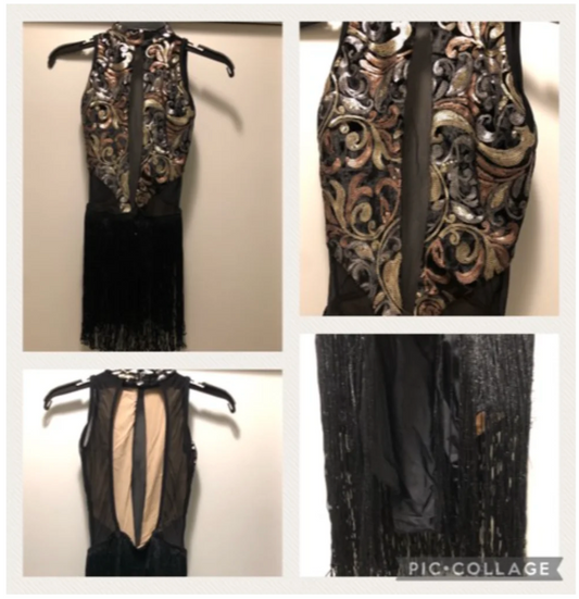 Multiple Available - 1 Child XL & 1 Adult Small - Black & Gold Fringed Leotard