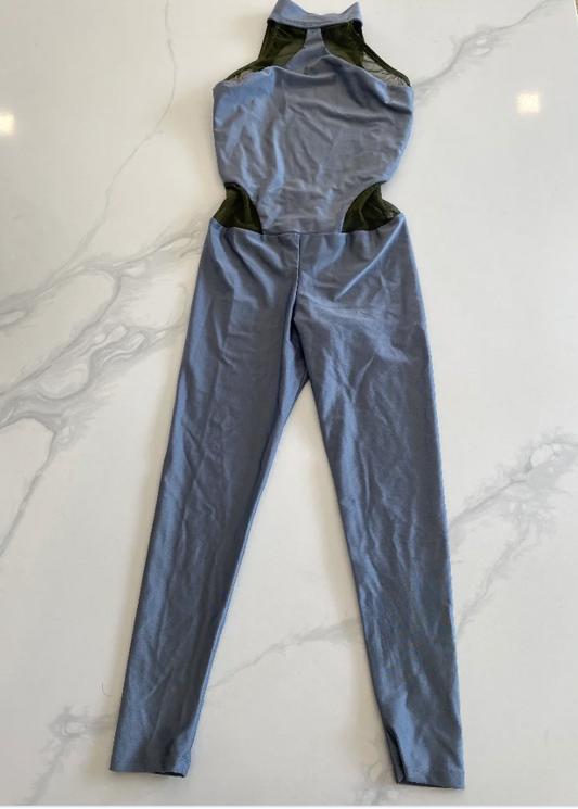 Child XL - Gray unitard with olive green mesh accents