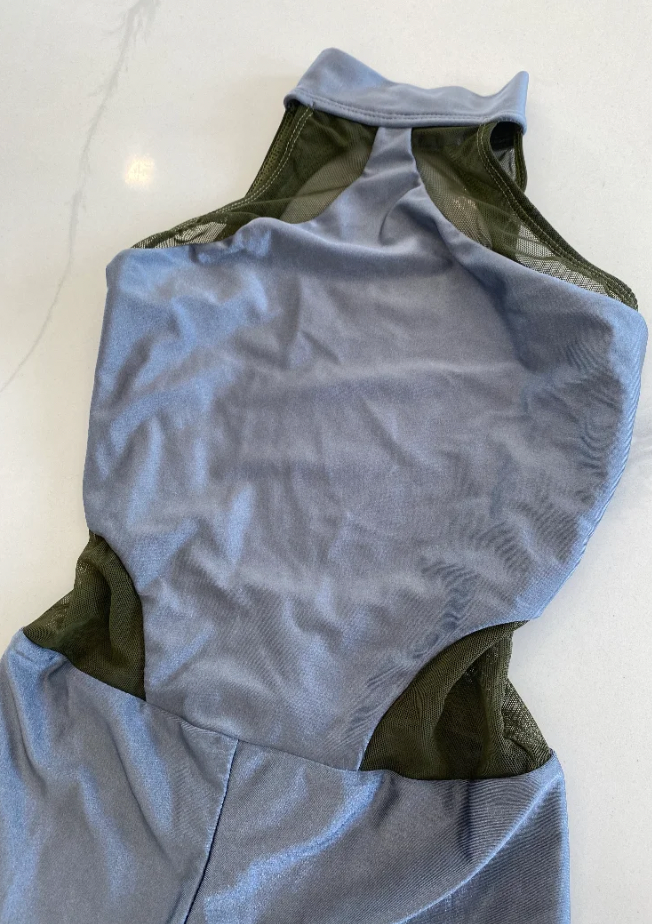 Child XL - Gray unitard with olive green mesh accents