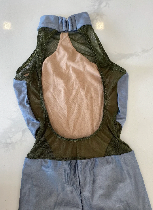 Child XL - Gray unitard with olive green mesh accents