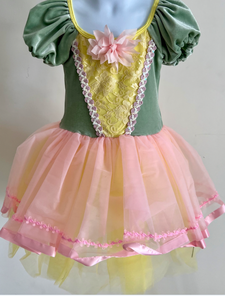 Child Small - Mint green velvet with pink and yellow tulle ballet costume