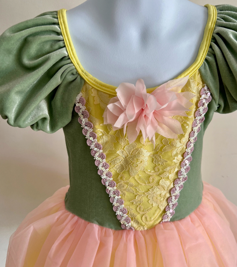 Child Small - Mint green velvet with pink and yellow tulle ballet costume