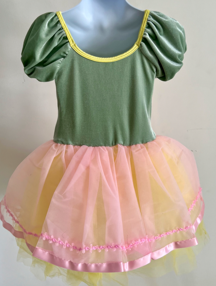 Child Small - Mint green velvet with pink and yellow tulle ballet costume